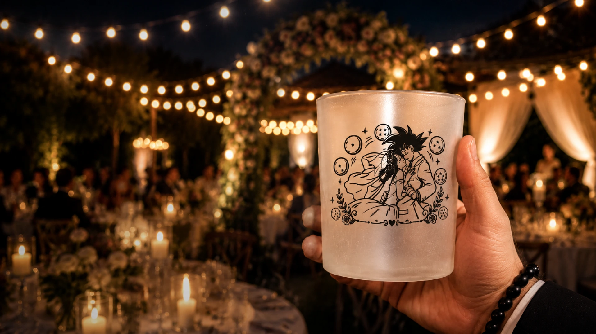 Vaso personalizado con impresión de alta definición en una boda de noche