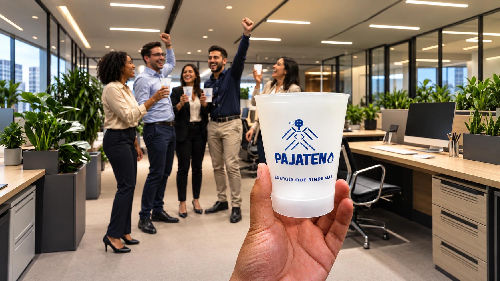 Equipo de oficina brindando con vasos personalizados con logo